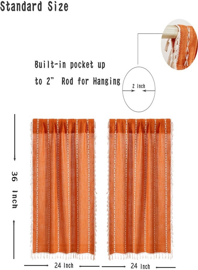 RoomTalks Fall Color Boho Farmhouse Kitchen Curtains 36 Inch Length French Striped Modern Vintage Chic Textured Orange Autumn Short Cafe Curtains for Small Window Kitchen Bathroom - Image 3